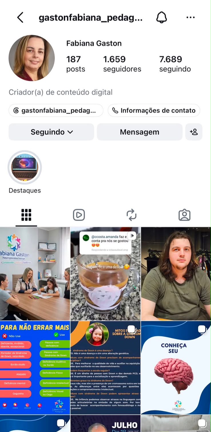 Perfil do Instagram de Fabiana Gaston antes da reestruturação